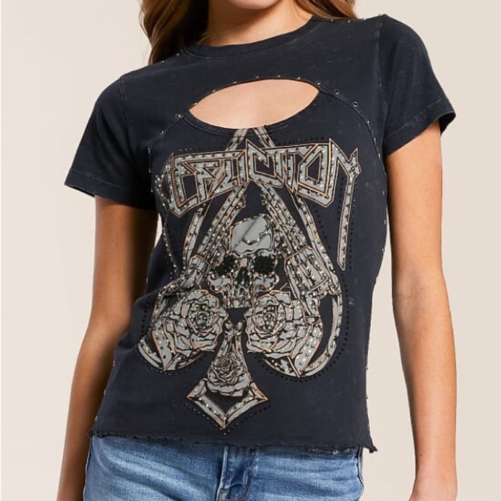 NWT Affliction Hollow Point Woman’s Medium Acid Wash Skull Graphic Tee
